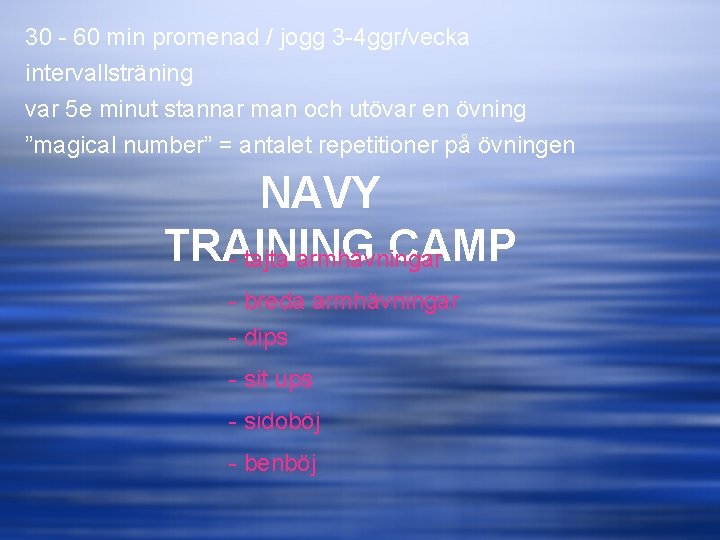 30 - 60 min promenad / jogg 3 -4 ggr/vecka intervallsträning var 5 e
