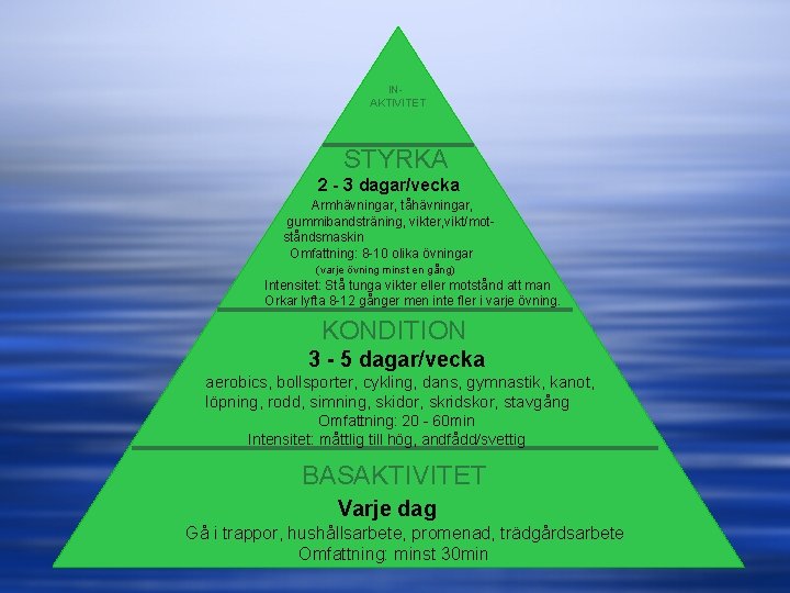 INAKTIVITET STYRKA 2 - 3 dagar/vecka Armhävningar, tåhävningar, gummibandsträning, vikter, vikt/motståndsmaskin Omfattning: 8 -10