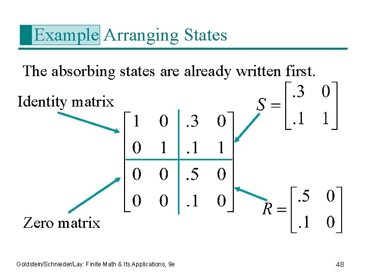 Example Arranging States The absorbing states are already written first. Identity matrix Zero matrix