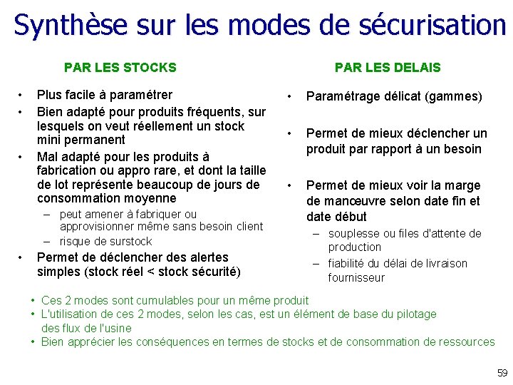 Synthèse sur les modes de sécurisation PAR LES STOCKS • • • Plus facile