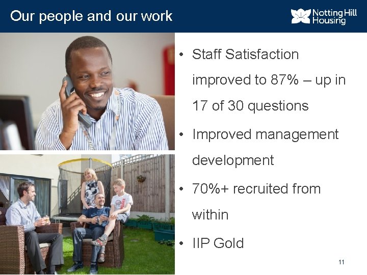 Our people and our work • Staff Satisfaction improved to 87% – up in