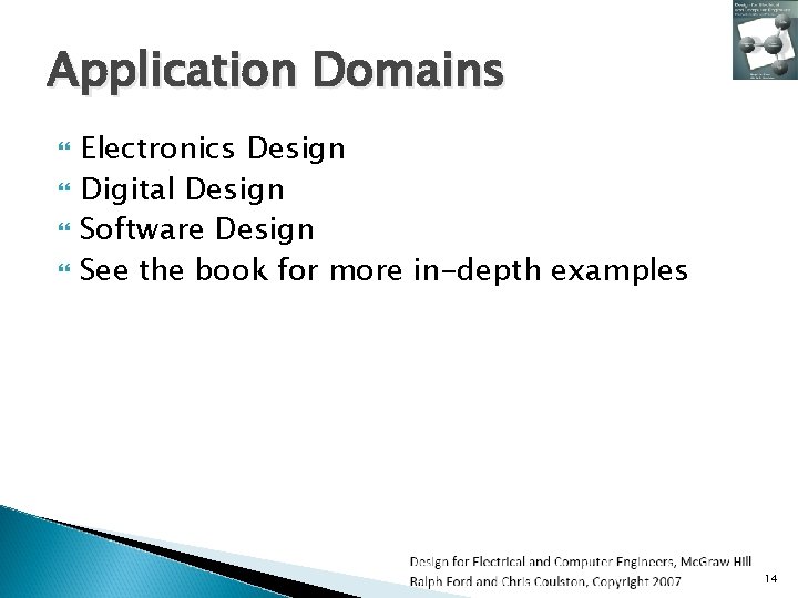 Application Domains Electronics Design Digital Design Software Design See the book for more in-depth