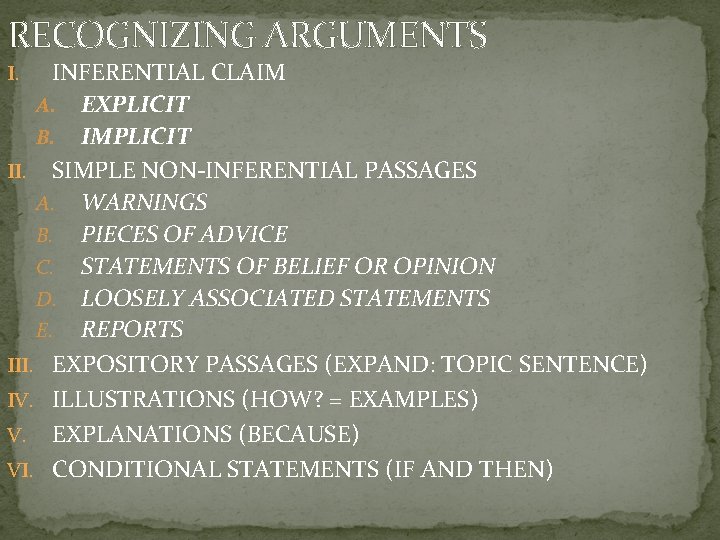 RECOGNIZING ARGUMENTS INFERENTIAL CLAIM A. EXPLICIT B. IMPLICIT II. SIMPLE NON-INFERENTIAL PASSAGES A. WARNINGS