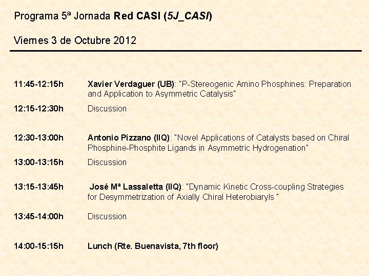 Programa 5ª Jornada Red CASI (5 J_CASI) Viernes 3 de Octubre 2012 11: 45