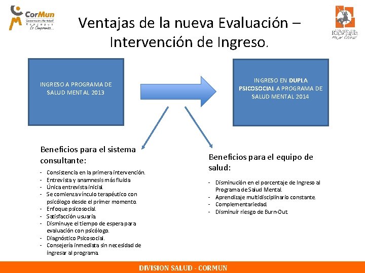 Ventajas de la nueva Evaluación – Intervención de Ingreso. INGRESO EN DUPLA PSICOSOCIAL A Ventajas de la nueva Evaluación – Intervención de Ingreso. INGRESO EN DUPLA PSICOSOCIAL A
