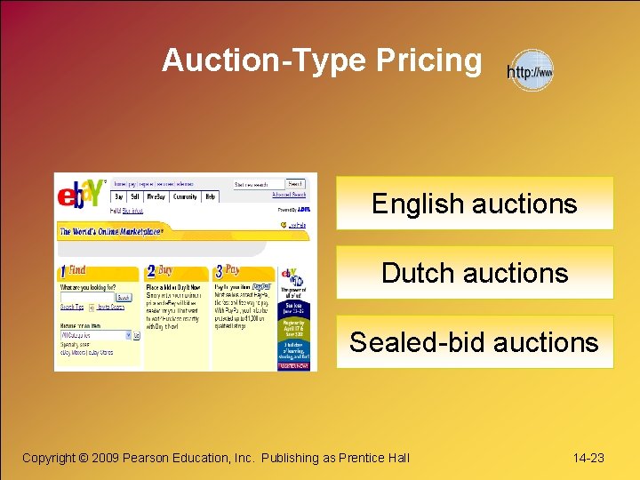 Auction-Type Pricing English auctions Dutch auctions Sealed-bid auctions Copyright © 2009 Pearson Education, Inc. Auction-Type Pricing English auctions Dutch auctions Sealed-bid auctions Copyright © 2009 Pearson Education, Inc.