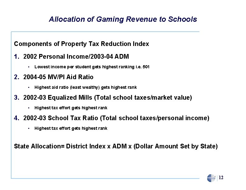 Allocation of Gaming Revenue to Schools Components of Property Tax Reduction Index 1. 2002