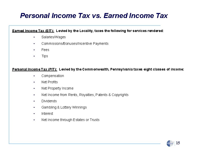 Personal Income Tax vs. Earned Income Tax (EIT): Levied by the Locality, taxes the