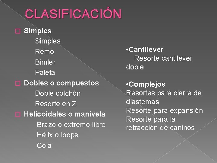 CLASIFICACIÓN Simples Remo Bimler Paleta � Dobles o compuestos Doble colchón Resorte en Z CLASIFICACIÓN Simples Remo Bimler Paleta � Dobles o compuestos Doble colchón Resorte en Z
