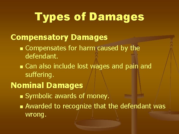Types of Damages Compensatory Damages Compensates for harm caused by the defendant. n Can