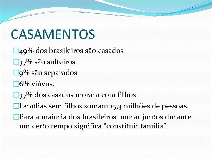 CASAMENTOS � 49% dos brasileiros são casados � 37% são solteiros � 9% são