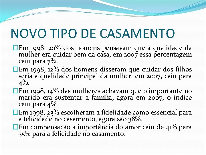 NOVO TIPO DE CASAMENTO �Em 1998, 20% dos homens pensavam que a qualidade da