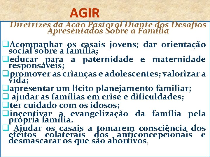 AGIR Diretrizes da Ação Pastoral Diante dos Desafios Apresentados Sobre a Família q. Acompanhar