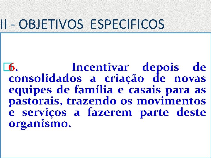 II - OBJETIVOS ESPECIFICOS � 6. Incentivar depois de consolidados a criação de novas