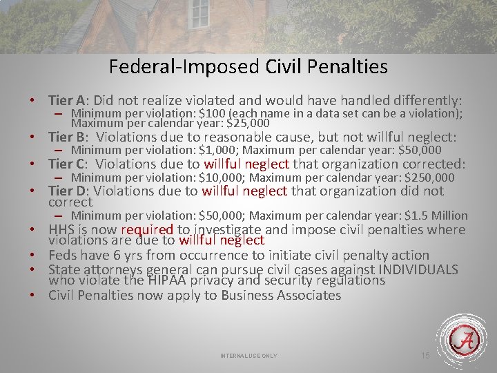 Federal-Imposed Civil Penalties • Tier A: Did not realize violated and would have handled