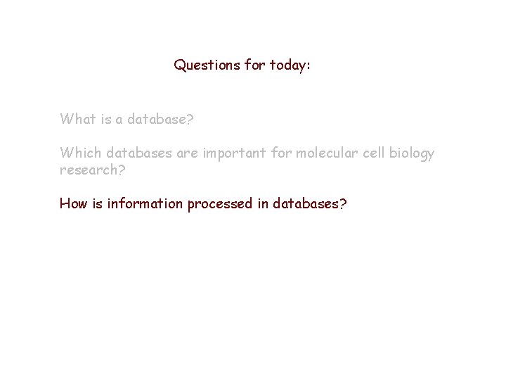Questions for today: What is a database? Which databases are important for molecular cell Questions for today: What is a database? Which databases are important for molecular cell