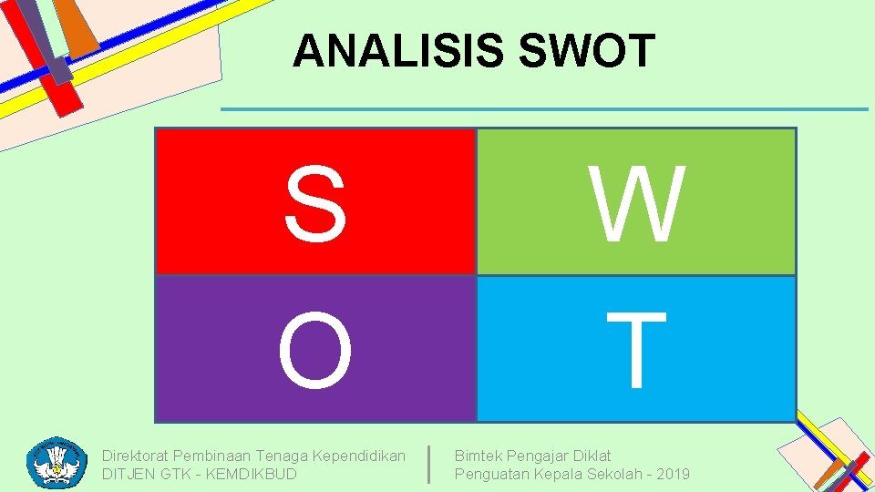 ANALISIS SWOT S O Direktorat Pembinaan Tenaga Kependidikan DITJEN GTK - KEMDIKBUD W T