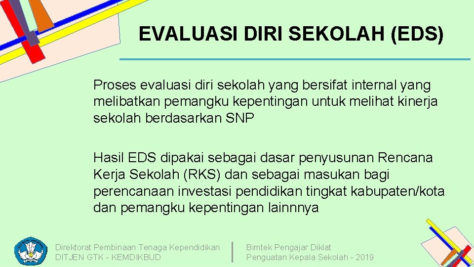 EVALUASI DIRI SEKOLAH (EDS) Proses evaluasi diri sekolah yang bersifat internal yang melibatkan pemangku