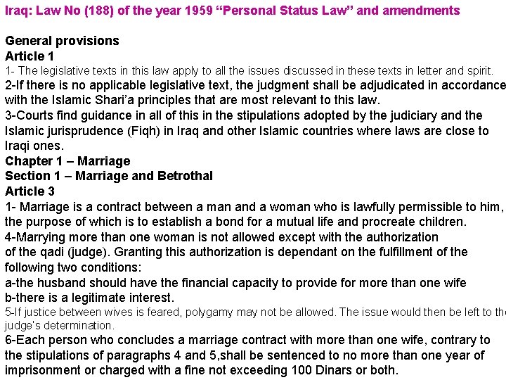 Iraq: Law No (188) of the year 1959 “Personal Status Law” and amendments General