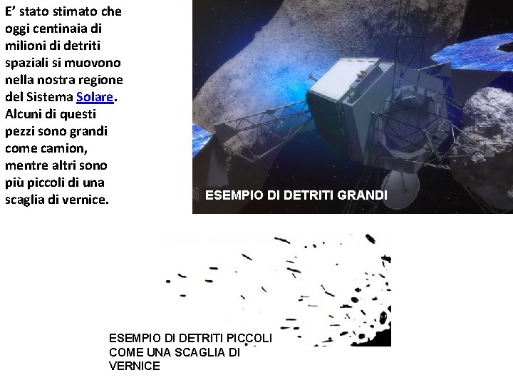 E’ stato stimato che oggi centinaia di milioni di detriti spaziali si muovono nella E’ stato stimato che oggi centinaia di milioni di detriti spaziali si muovono nella