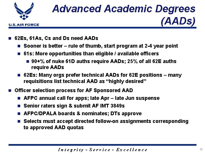 Advanced Academic Degrees (AADs) n 62 Es, 61 As, Cs and Ds need AADs