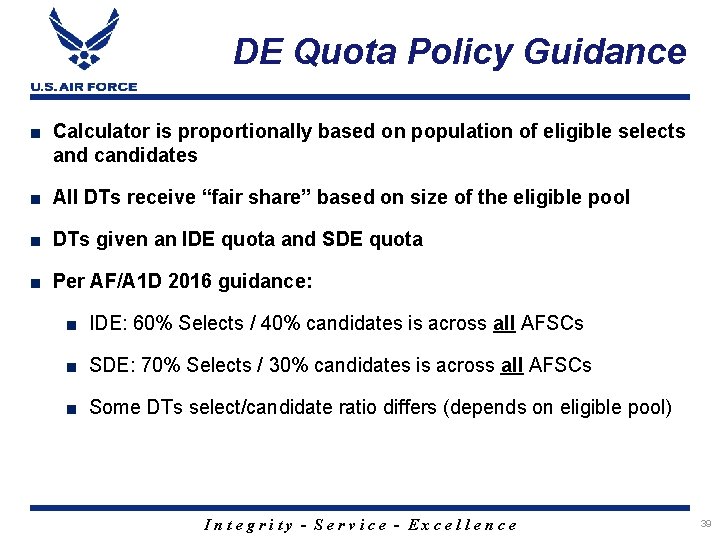 DE Quota Policy Guidance ■ Calculator is proportionally based on population of eligible selects