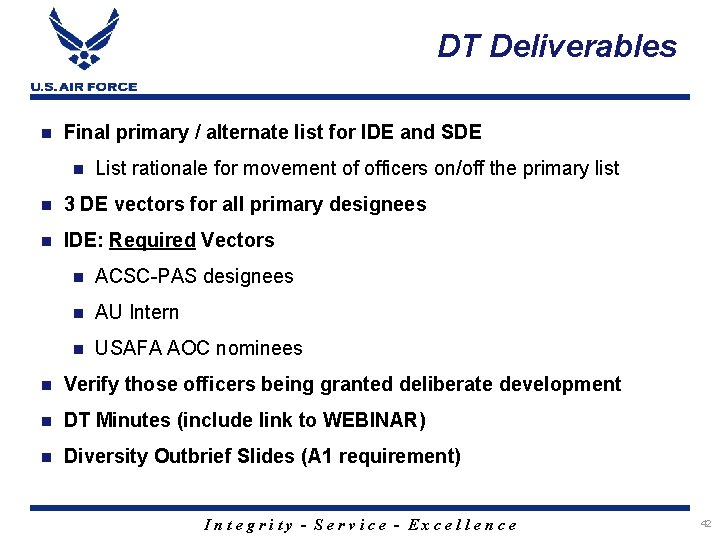 DT Deliverables n Final primary / alternate list for IDE and SDE n List