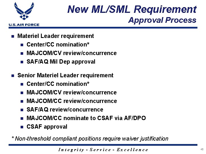 New ML/SML Requirement Approval Process n Materiel Leader requirement n Center/CC nomination* MAJCOM/CV review/concurrence