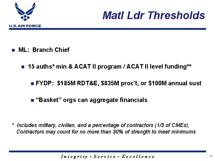 Matl Ldr Thresholds n ML: Branch Chief n 15 auths* min & ACAT II