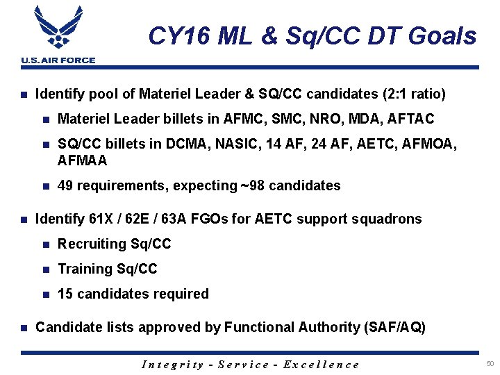 CY 16 ML & Sq/CC DT Goals n n n Identify pool of Materiel
