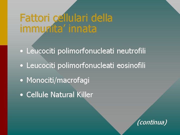 Fattori cellulari della immunita’ innata • Leucociti polimorfonucleati neutrofili • Leucociti polimorfonucleati eosinofili •