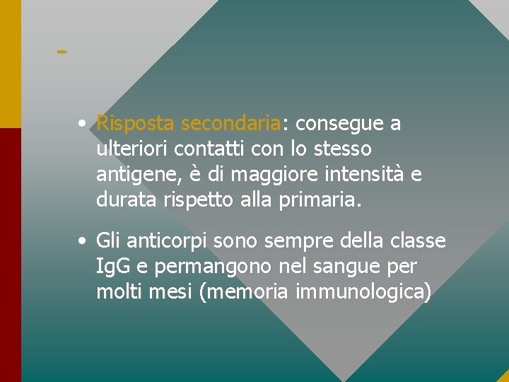  • Risposta secondaria: consegue a ulteriori contatti con lo stesso antigene, è di