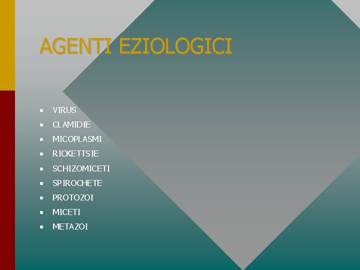 AGENTI EZIOLOGICI • VIRUS • CLAMIDIE • MICOPLASMI • RICKETTSIE • SCHIZOMICETI • SPIROCHETE