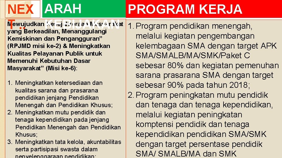 NEX ARAH PROGRAM KERJA Mewujudkan Kesejahteraan Masyarakat KEBIJAKAN 1. Program pendidikan menengah, T. .