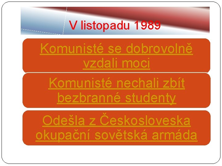 V listopadu 1989 Komunisté se dobrovolně vzdali moci Komunisté nechali zbít bezbranné studenty Odešla