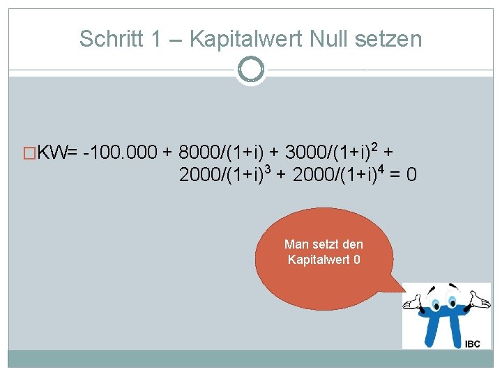 Schritt 1 – Kapitalwert Null setzen �KW= -100. 000 + 8000/(1+i) + 3000/(1+i)2 +