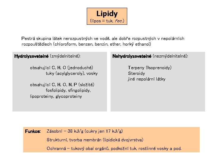 Lipidy (lípos = tuk, řec. ) Pestrá skupina látek nerozpustných ve vodě, ale dobře