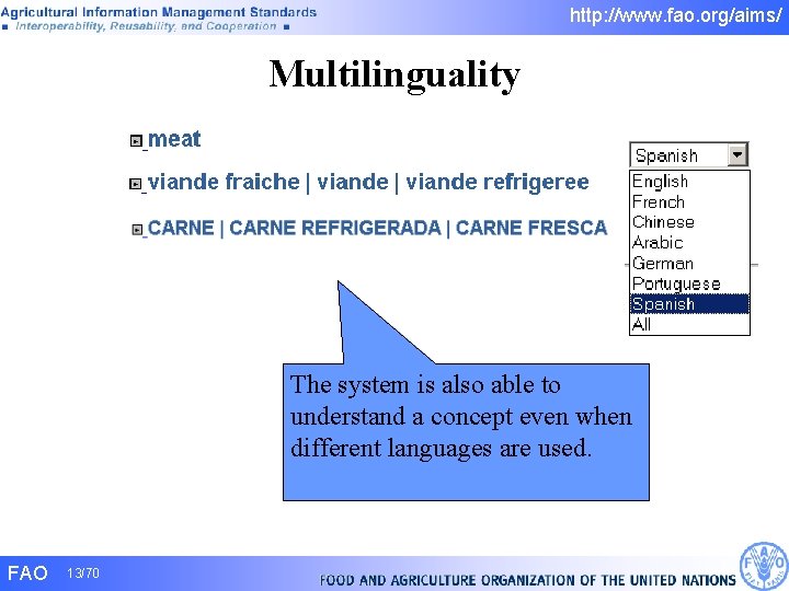 http: //www. fao. org/aims/ Multilinguality The system is also able to understand a concept http: //www. fao. org/aims/ Multilinguality The system is also able to understand a concept