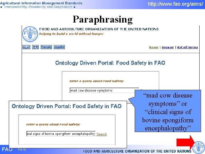 http: //www. fao. org/aims/ Paraphrasing “mad cow disease symptoms” or “clinical signs of bovine http: //www. fao. org/aims/ Paraphrasing “mad cow disease symptoms” or “clinical signs of bovine