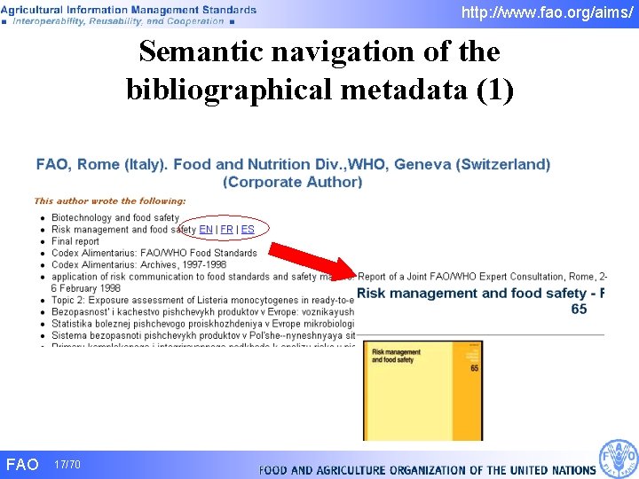 http: //www. fao. org/aims/ Semantic navigation of the bibliographical metadata (1) FAO 17/70 http: //www. fao. org/aims/ Semantic navigation of the bibliographical metadata (1) FAO 17/70