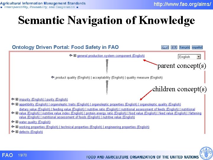 http: //www. fao. org/aims/ Semantic Navigation of Knowledge parent concept(s) children concept(s) FAO 19/70 http: //www. fao. org/aims/ Semantic Navigation of Knowledge parent concept(s) children concept(s) FAO 19/70