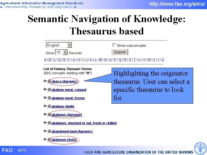 http: //www. fao. org/aims/ Semantic Navigation of Knowledge: Thesaurus based Highlighting the originator thesaurus. http: //www. fao. org/aims/ Semantic Navigation of Knowledge: Thesaurus based Highlighting the originator thesaurus.