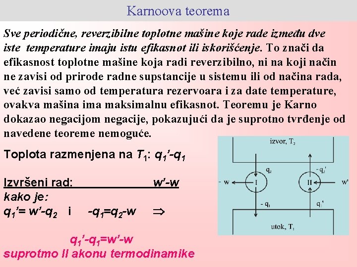 Karnoova teorema Sve periodične, reverzibilne toplotne mašine koje rade između dve iste temperature imaju