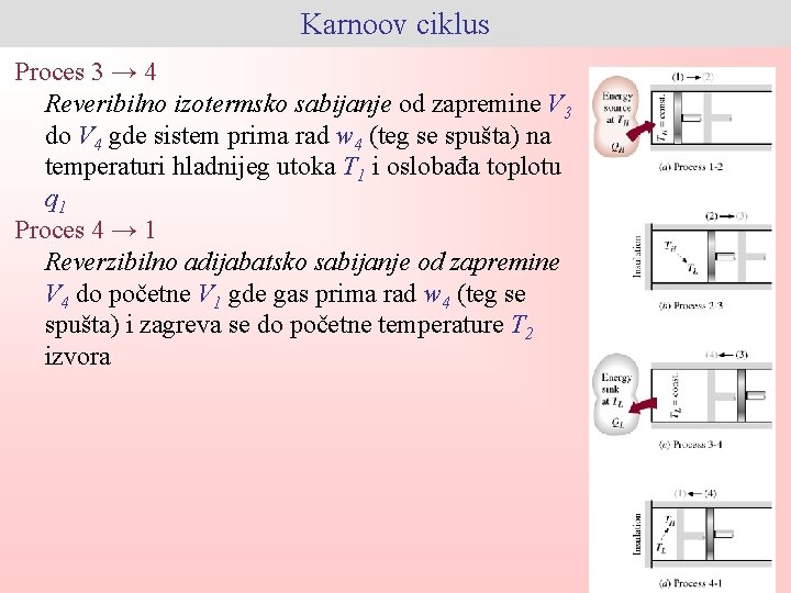 Karnoov ciklus Proces 3 → 4 Reveribilno izotermsko sabijanje od zapremine V 3 do