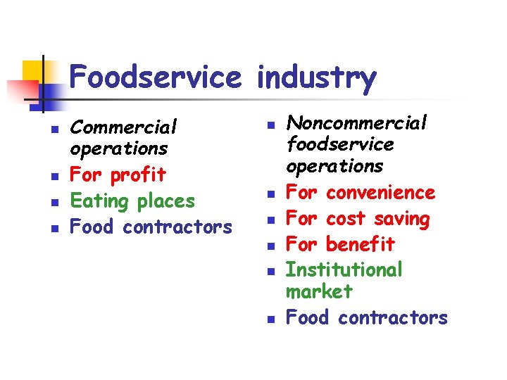 Foodservice industry n n Commercial operations For profit Eating places Food contractors n n