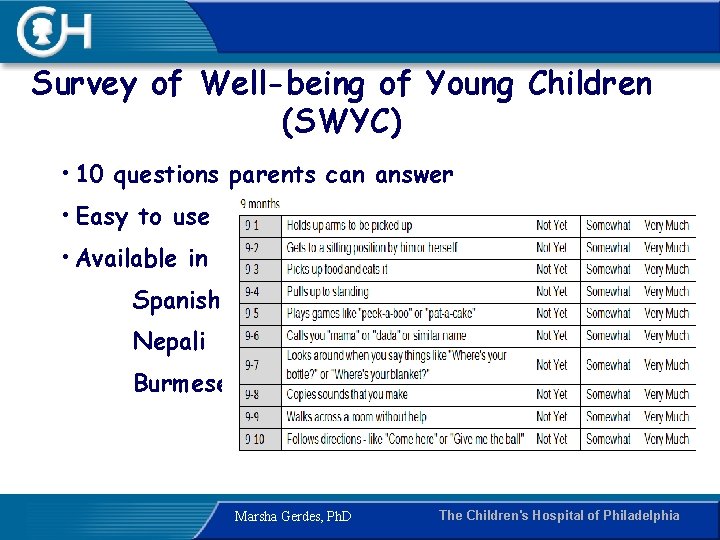 Survey of Well-being of Young Children (SWYC) • 10 questions parents can answer •