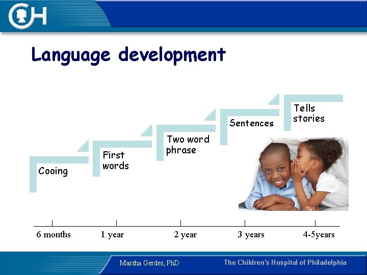 Language development Sentences Cooing 6 months First words 1 year Tells stories Two word