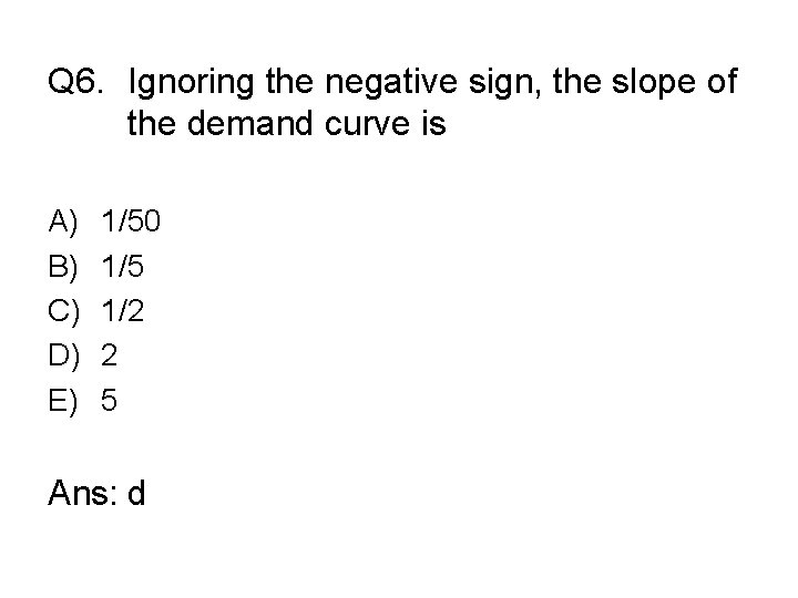 Q 6. Ignoring the negative sign, the slope of the demand curve is A)