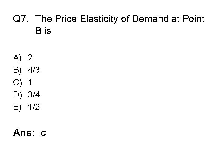 Q 7. The Price Elasticity of Demand at Point B is A) B) C)