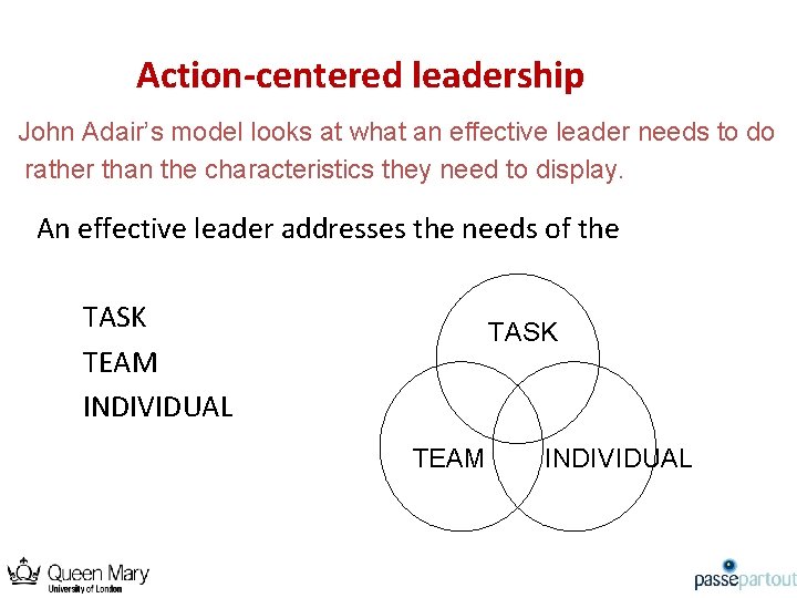 Action-centered leadership John Adair’s model looks at what an effective leader needs to do